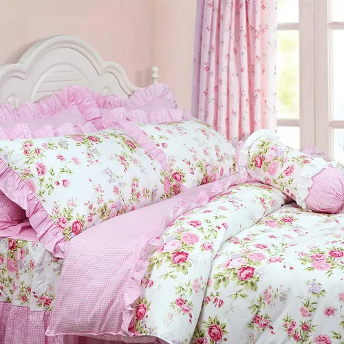 Vista 3 de FADFAY Juego de funda de edredón rosa desgastada, colección de ropa de cama floral rosa, elegante juego de funda de edredón de encaje de princesa