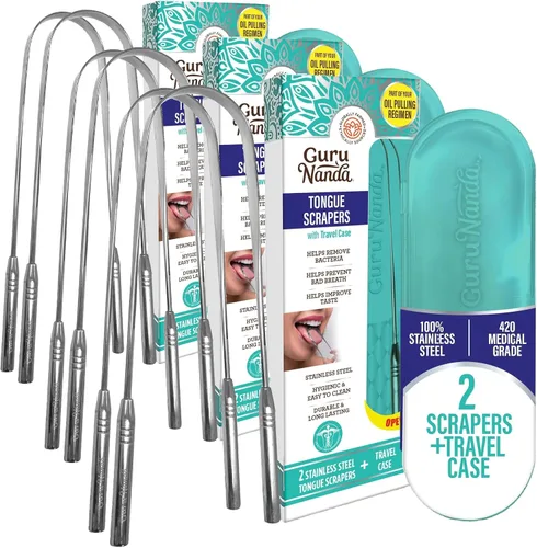 Vista 11 de GuruNanda Raspador de lengua para niños (paquete de 2) con estuche de viaje, acero inoxidable, ayuda al aliento fresco, limpiador de lengua apto