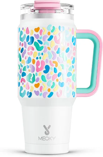 Vista 21 de Meoky Vaso de 40 onzas con asa y pajita, vaso aislado con tapa y popote, taza de viaje de acero inoxidable, mantiene el frío durante 34 horas, 100%