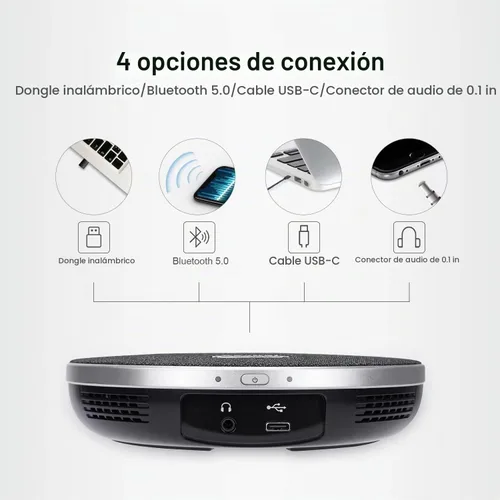 Vista 4 de Tenveo Micrófono de altavoz de conferencia, conectividad Bluetooth/Dongle/USB, 4 micrófonos de ruido AI y captación de sonido de 360°, compatible