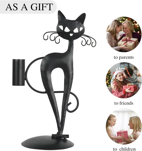 Vista 4 de Candelabro cónico de gato negro para velas LED sin llama, candelabro retro rústico de metal para decoración de gato para centro de mesa, mesa