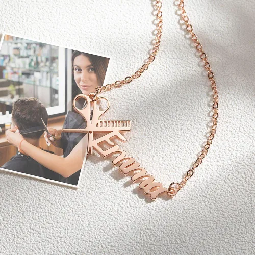Vista 4 de Collar de peluquero personalizado con nombre de tijera, collar de peluquería con nombre personalizado, joyería de tijera, collar para estilista