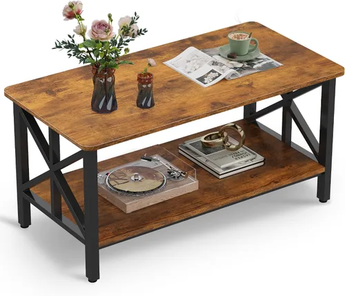 Vista 12 de WLIVE - Mesa de café con estante de almacenamiento, mesa de café granja de 39.4" con soporte en V, mesa de centro rústica de 2 niveles para sala