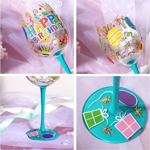 Vista 4 de NymphFable Happy Birthday - Copa de vino pintada a mano para mujer, 15 onzas Gift-Boxed for Birthday Celebrations, Hand-Blown Goblet