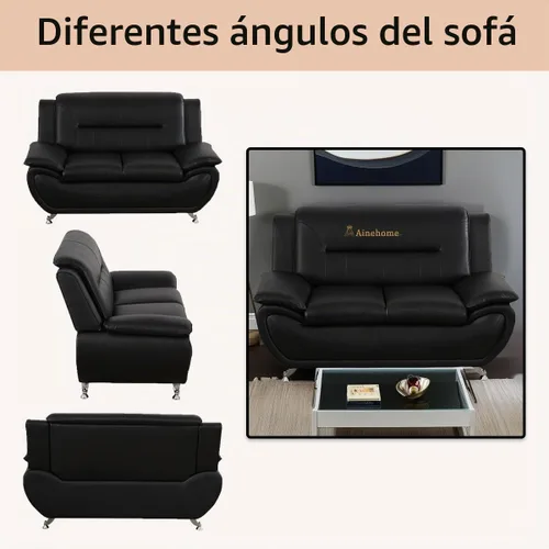 Vista 6 de A Ainehome Moderno juego de muebles de sala de estar de piel sintética, sofá modular de 6 asientos con sofá biplaza y silla (negro)