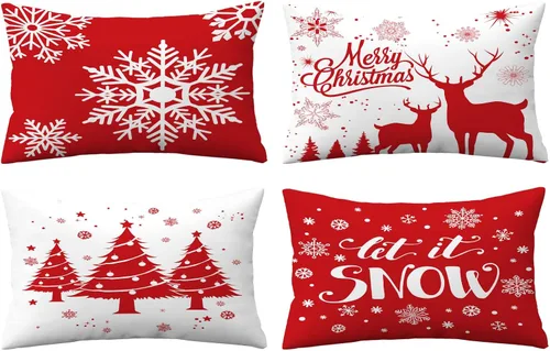 Vista 26 de Juego de 4 fundas de almohada de Navidad de 12 x 12 pulgadas, fundas de almohada de terciopelo de Navidad, fundas de almohada doradas y rojas