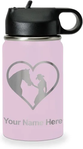 Vista 22 de LaserGram Botella de agua personalizada, corazón de vaquera de caballo, acero inoxidable de doble pared aislada al vacío con popote superior, regalo
