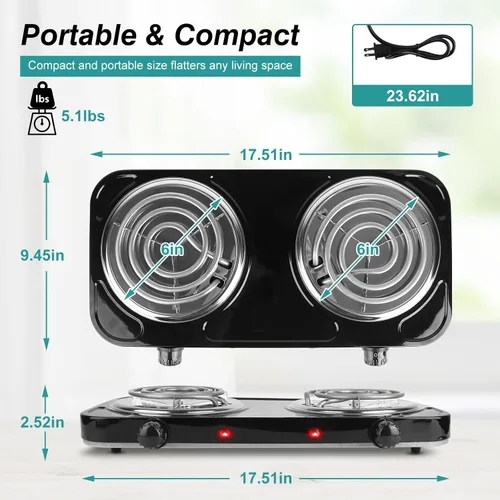 Vista 4 de Placa Caliente Eléctrica, Quemador de Encimera Portátil de 2000 W, Placa de Doble Bobina con Control Dual y Control de Temperatura de 5 Niveles