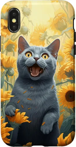 Vista 4 de iPhone 14 divertido gato ruso azul cara con girasol pintura caso
