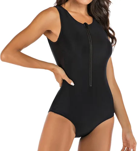 Vista 4 de Lu's Chic Traje de baño largo con cremallera para mujer, traje de baño de surf de una pieza, sin mangas
