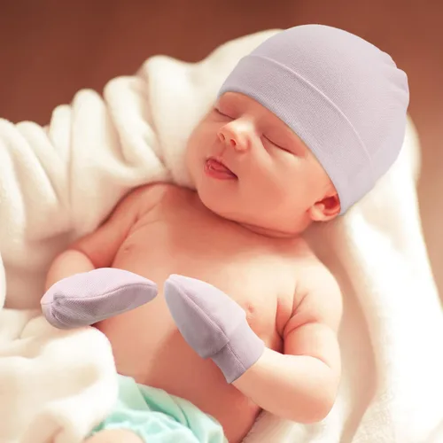 Vista 2 de BQUBO Baby Hats and Mittens Infant Cotton Beanie Gloves No Scratch Set Newborn Hospital Hat for Boys Girls
