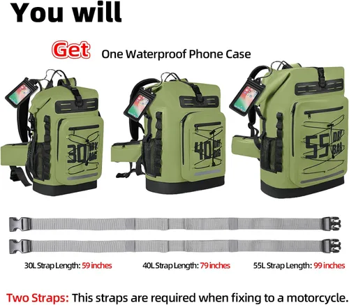 Vista 17 de MORXPLOR Bolsa seca impermeable, 5L/10L/20L/30L/40L/55L Mochila seca con funda impermeable para teléfono para natación, kayak