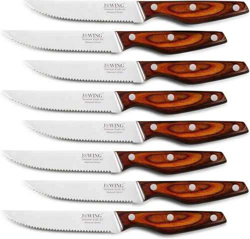 Vista 9 de Cuchillos alemanes de acero inoxidable de alto carbono, juego de cuchillos de carne prémium de 8 piezas Cuchillas dentadas de acero inoxidable