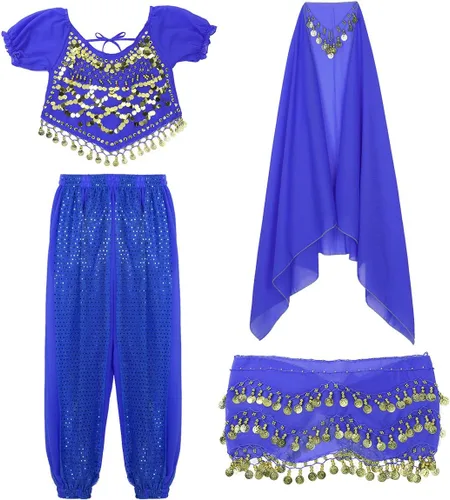 Vista 4 de Disfraz de danza del vientre de la India para mujer, con pantalones de harén, bufanda de cadera, disfraz de Halloween, Azul Real, Talla Única