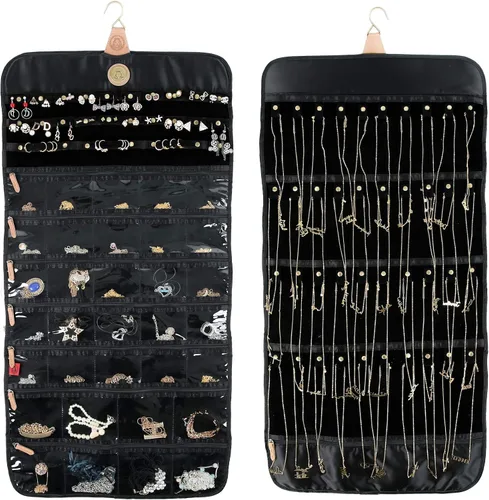 Vista 20 de Angelina's Palace Tenby Jewelry - Organizador de doble cara para colgar en el armario, rollo de almacenamiento de joyas, 24 barras de anillos