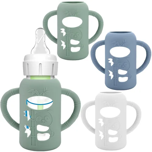 Vista 13 de BUSOHA Paquete de 3 fundas de silicona para biberones de vidrio Dr. Brown's Verde oscuro+gris+azul claro