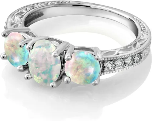 Vista 3 de Gem Stone King Anillo de compromiso de 3 piedras preciosas de oro blanco de 10 quilates con piedra natal y diamantes cultivados en laboratorio