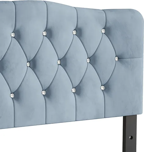 Vista 4 de Cabecera tapizada de terciopelo ajustable con botones de diamantes de cristal doble, color azul claro