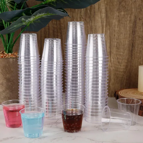Vista 5 de Zcaukya 100 vasos de chupito, vasos duros desechables de plástico transparente de 1 oz, mini tazas, gran recipiente para salsa, degustación