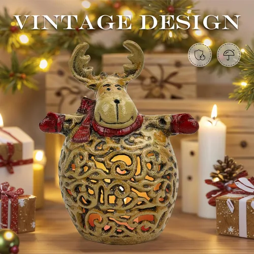 Vista 5 de Farol de Navidad de reno, linternas de aluminio fundido con velas de hierro hueco, decoraciones navideñas para chimenea (linterna de Navidad)