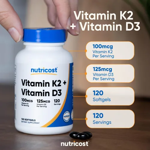 Vista 6 de Nutricost Vitamina K2 (MK7) (100mcg) + Vitamina D3 (5,000 UI) 120 Cápsulas Blandas - Sin Gluten y Sin OMG