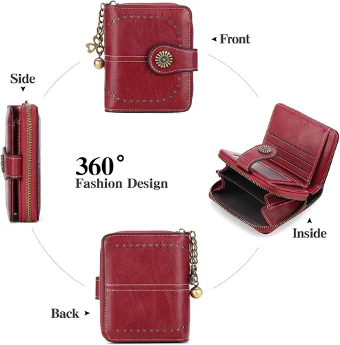 Vista 6 de Cartera pequeña para mujer, de piel, plegable, compacta, con bloqueo RFID, con bolsillo con cremallera para monedas, A01 Rojo Vino, Classic