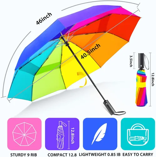 Vista 2 de Paraguas plegable arcoíris para adultos compacto pequeño automático para 0.2Arco iris