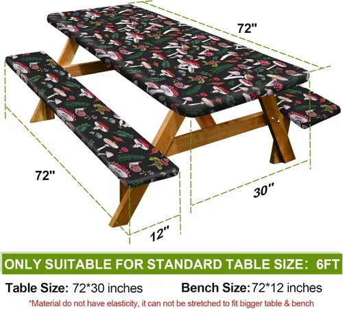 Vista 2 de Mantel de mesa de picnic con fundas de banco de 6 pies, 3 piezas, impermeable, resistente al viento, mantel de camping estético con bolsa