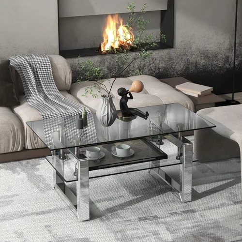 Vista 3 de Mesa auxiliar rectangular de vidrio con patas de tubo de metal plateado, mesa de centro de vidrio templado, mesas auxiliares modernas para sala