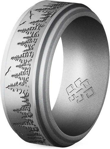 Vista 26 de Knot Theory Anillo de silicona para hombre, grabado de montaña, ondas, bosque, ancho de banda de 0.315 pulgadas, transpirable, ajuste cómodo
