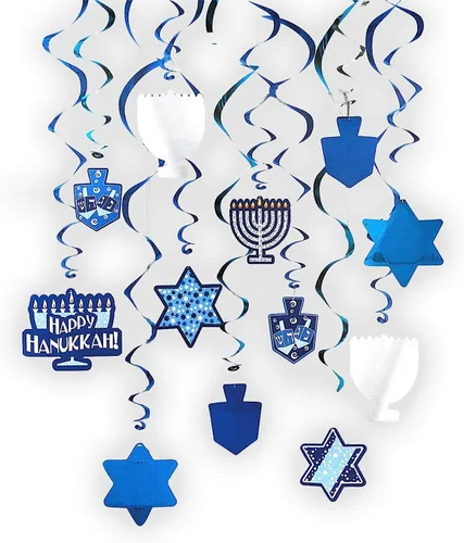 Vista 3 de The Dreidel Company Decoraciones de Remolinos de Hanukkah, Incluye 12 Remolinos con Recortes de Hanukkah de Papel de Aluminio de 24" y Remolinos