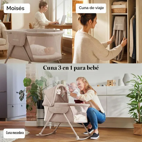 Vista 2 de Kinderkraft LOVI Cuna de Viaje para Bebé, Cuna Portátil Plegable con Mosquitera Integrada, Capota Ajustable y Función de Cuna Adicional, Beige