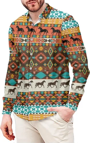 Vista 7 de Camisas aztecas grandes y altas para hombre, diseño étnico azteca tribal del suroeste, camiseta delgada de manga larga con botones