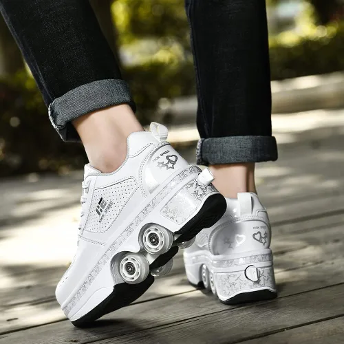 Vista 7 de KOFUBOKE Zapatos de patinaje unisex para adultos y niños, con ruedas invisibles, 2 en 1, polea extraíble, patinaje parkour