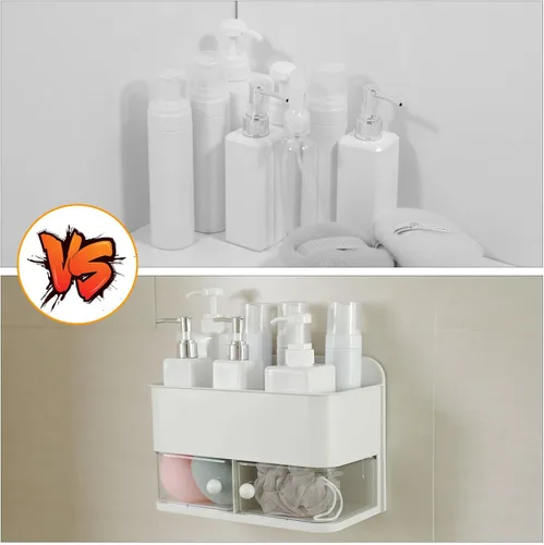 Vista 3 de Organizador de pared para baño, organizador de ducha de plástico 2 en 1 y soporte para Qtip, estante de almacenamiento adhesivo grande con cajón