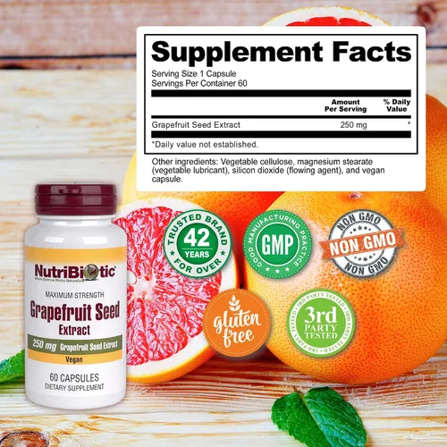 Vista 4 de NutriBiotic Cápsulas de extracto de semilla de pomelo 250 mg, 60 unidades - Máxima fuerza con bioflavonoides