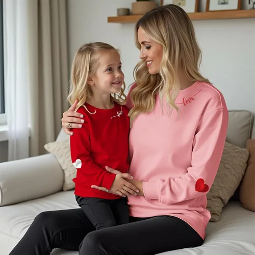 Vista 3 de MODNTOGA Mommy and Me - Sudadera de cuello redondo con cuello redondo y estampado de corazón, manga larga, sudadera familiar a juego Niño-rosa