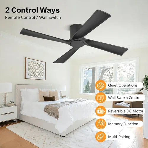 Vista 3 de WINGBO Ventilador de techo CC de montaje empotrado de 48 pulgadas sin luces, 4 aspas de madera tallada, motor CC reversible de 6 velocidades