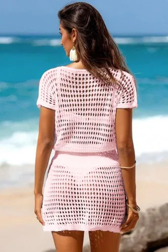 Vista 4 de AOLRO Pareos de natación para mujer, de ganchillo, manga corta, cuello en V, para playa, vestidos de salida de baño, tallas S-XXL