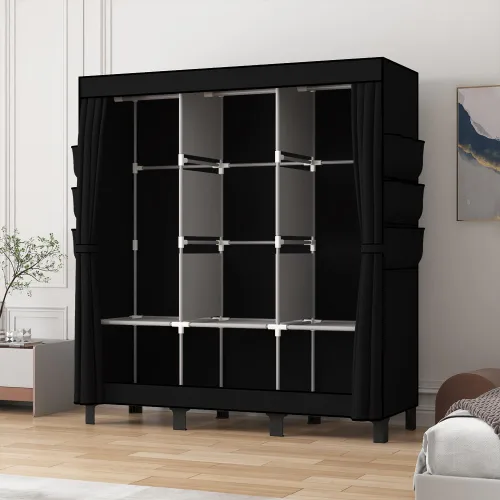 Vista 4 de Armario portátil, caja de almacenamiento de ropa, armario simple para colgar ropa, múltiples estantes y 3 barras, 6 bolsillos laterales (negro)