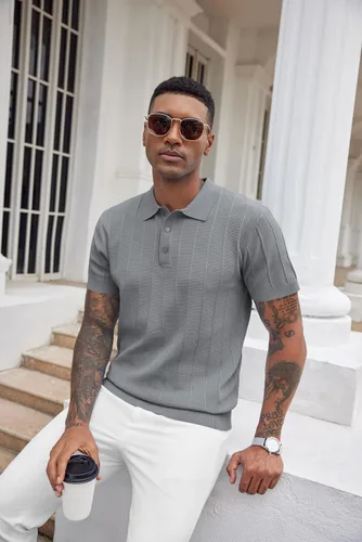 Vista 38 de COOFANDY Camisas polo de punto para hombre de manga corta con textura acanalada Camisas de golf casuales y ligeras con cuello Camiseta de polo