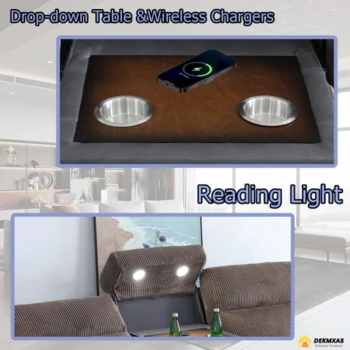 Vista 19 de Juego de sofá reclinable eléctrico, seccional de cuero transpirable beige, juego de muebles de sala de estar, 2 piezas, sofá reclinable eléctrico