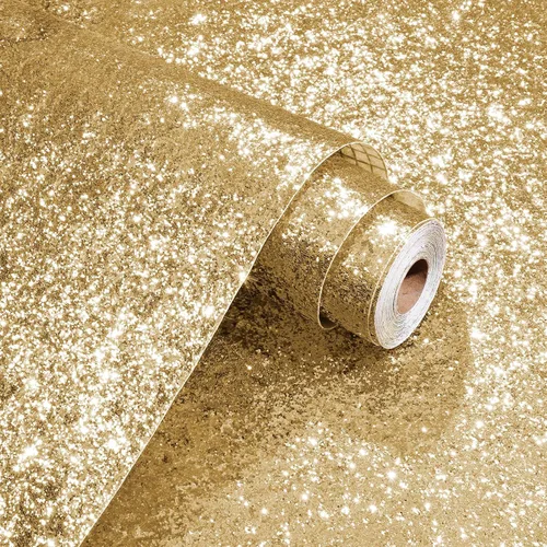 Vista 10 de Papel adhesivo con purpurina dorada para paredes, papel tapiz autoadhesivo con purpurina brillante, papel tapiz decorativo dorado para dormitorio