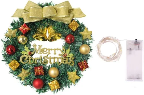 Vista 8 de Corona de Navidad artificial preiluminada, 12 pulgadas para puerta delantera, decoración de invierno de vacaciones con luces LED a