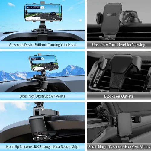 Vista 4 de Soporte universal de teléfono para tablero de instrumentos de 360°, soporte giratorio multifuncional para visera/retrovisor para teléfonos de 4 a 7