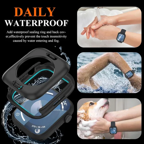 Vista 3 de YMHML - Funda impermeable para Apple Watch Series 9 de 1.772 pulgadas, protector de pantalla de vidrio templado 360, cubierta frontal