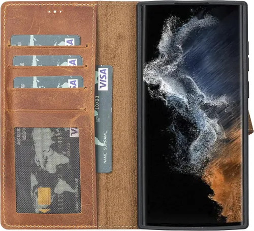 Vista 4 de Bayelon Funda tipo cartera compatible con Galaxy S22 Ultra, funda de cuero de grano completo, cartera desmontable para teléfono, funda magnética