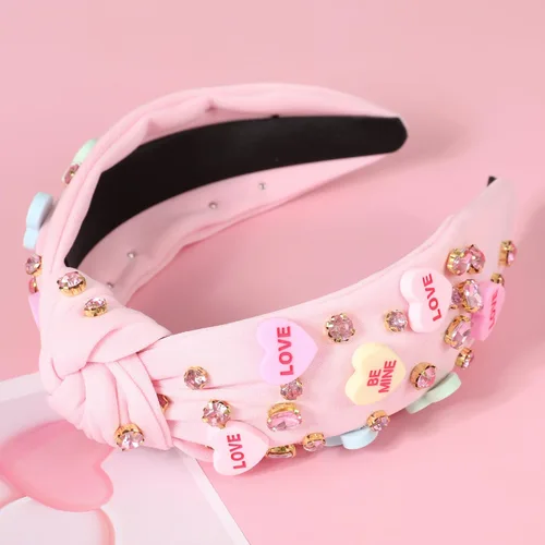Vista 3 de Diademas de corazón de caramelo para el día de San Valentín para mujer, diadema de corazón de conversación de amor con diamantes de imitación