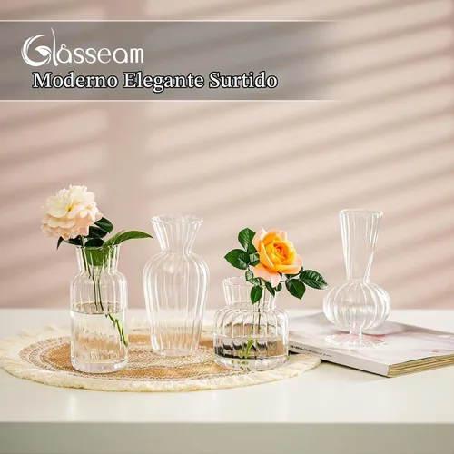 Vista 3 de Juego de jarrones de botones de vidrio transparente moderno: Glasseam 4 piezas de jarrones pequeños de flores para centros de mesa hechos a mano