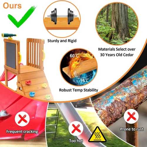 Vista 4 de Juego de columpio y tobogán para niños pequeños de 86 x 78 pulgadas, juegos de madera 6 en 1 para patios traseros con columpio de bebé, tobogán